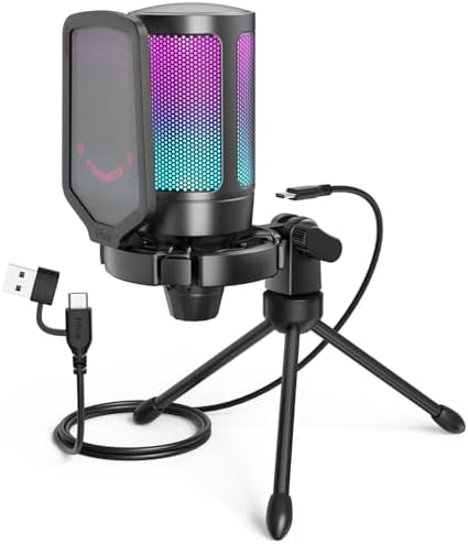 Alt Text for image 1: FIFINE AmpliGame USB Microphone with RGB lighting and pop filter